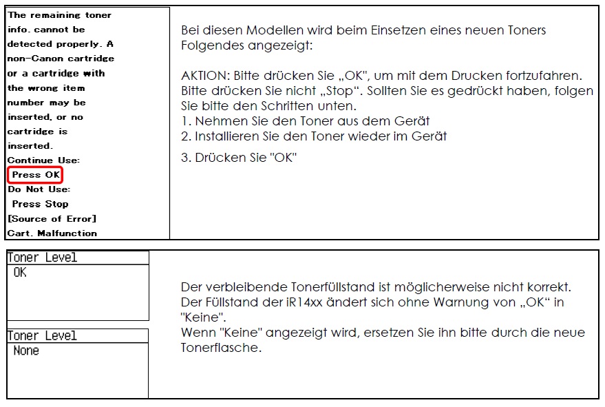 Mögliche Fehleranzeige bei Canon imageRUNNER Modellen des Prodkttyps 3