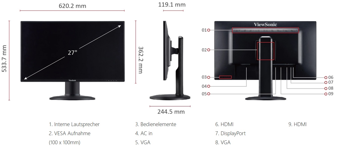 ViewSonic VG2719 - Abmessungen und Anschlüsse