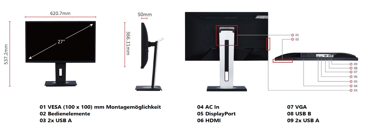 ViewSonic VG2748 - Abmessungen und Anschlüsse