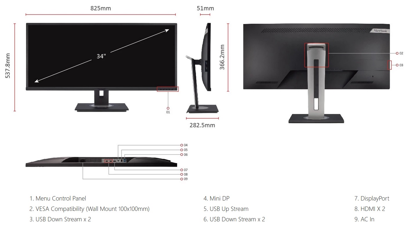 ViewSonic VG3448 - Abmessungen und Anschlüsse