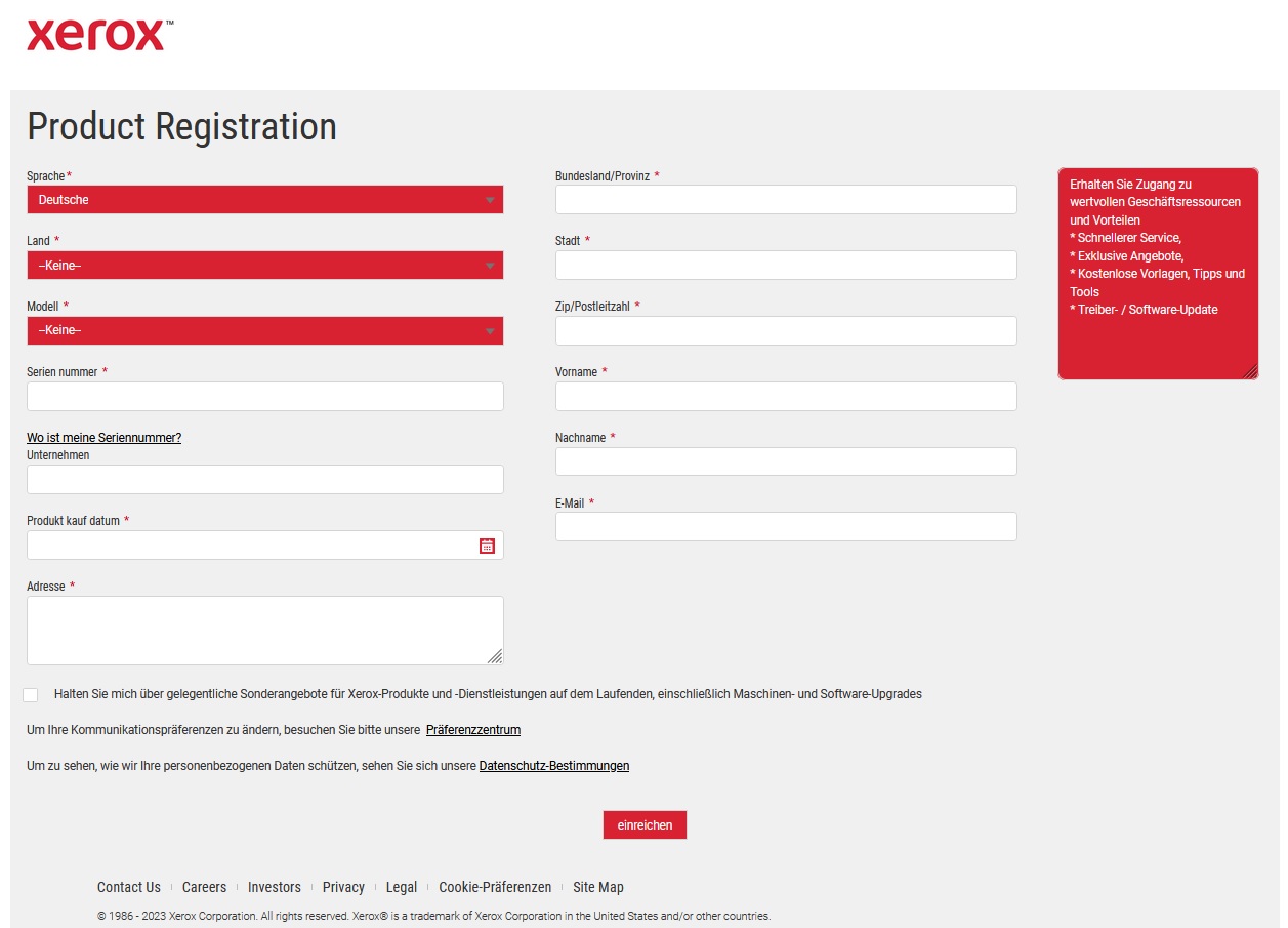 Xerox Produkt-Registrierungsseite